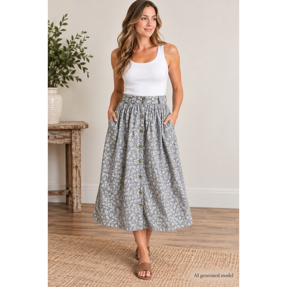 Jennifer Collins Vintage Floral Button Front Midi Skirt Blue White Cotton Med